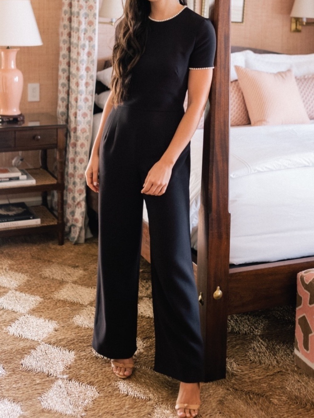 NWT Gal Meets Glam Nadia Pearl Trim Jumpsuit in Black Sz 0